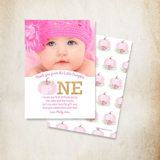 Roze Pompoen Herfst 1e Verjaardag Meisje Dank je Bedankkaart