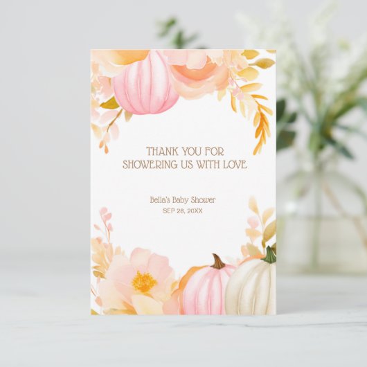 Roze Pompoen Herfst Baby shower Bedankkaart (Staand voorkant)