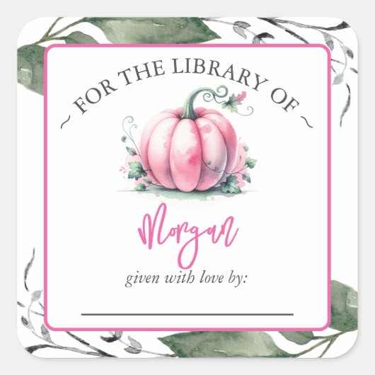 Roze Pompoen Herfst Baby shower Bookplate Vierkante Sticker (Voorkant)