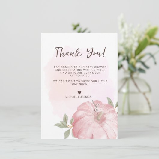 Roze pompoen Herfst Baby shower dank u kaart (Staand voorkant)