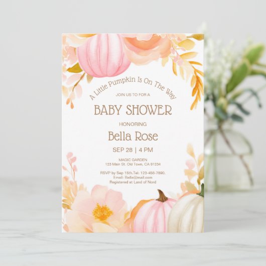Roze Pompoen Herfst Baby shower Invitation Kaart (Staand voorkant)