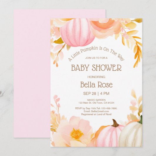 Roze Pompoen Herfst Baby shower Invitation Kaart (Voorkant / Achterkant)