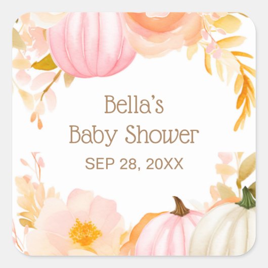Roze Pompoen Herfst Baby shower Vierkante Sticker (Voorkant)