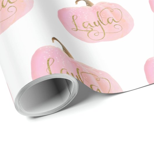 Roze Pompoen Herfst Goud LAYLA Naam Gepersonalisee Cadeaupapier (Rol Hoek)