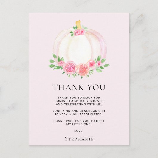 Roze Pompoen Herfst Meisje Baby Shower Bedankt Briefkaart (Voorkant)