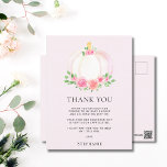 Roze Pompoen Herfst Meisje's Baby shower Dank u Briefkaart<br><div class="desc">Dank je familie en vrienden voor hun doordachte geschenken en voor het bijwonen van de douche van je baby meisje met dit bedankje briefkaart. Het is versierd met een mooie waterverf van een roze pompoen, rozen en groen gebladerte op een zacht roze achtergrond. Gemakkelijk aangepast. Originele Waterverf © Michele Davies....</div>