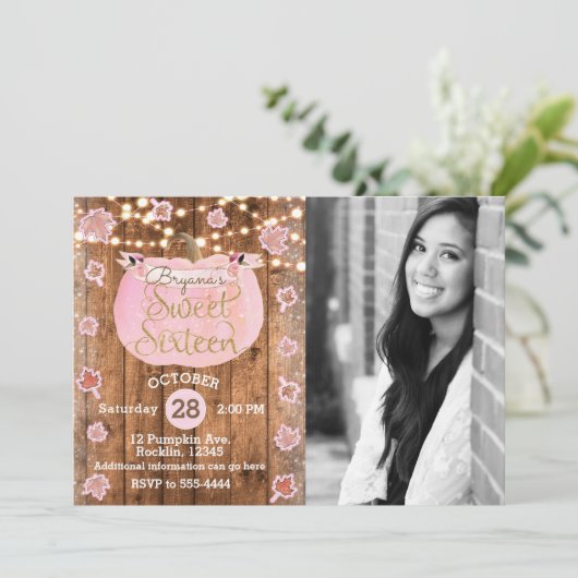 Roze pompoen Herfst Rustic Sweet 16 Verjaardag Fot Kaart (Staand voorkant)