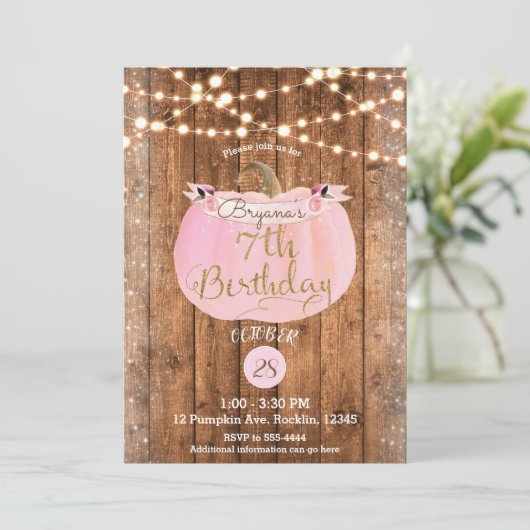 Roze Pompoen Herfst Rustiek Hout Lichten 7e Verjaa Kaart (Staand voorkant)