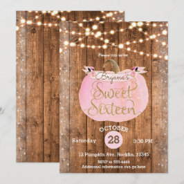 Roze Pompoen Herfst Rustiek Hout Lights Sweet 16 Kaart