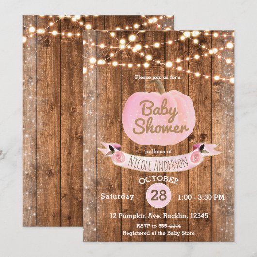 Roze Pompoen Herfst Rustiek Wood Lights Baby showe Kaart (Voorkant / Achterkant)