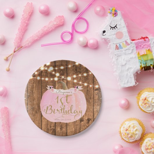 Roze Pompoen Herfst Rustieke Houten Lichten 1e Ver Papieren Bordje (Feest)