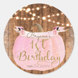Roze Pompoen Herfst Rustieke Houten Lichten 1e Ver Ronde Sticker