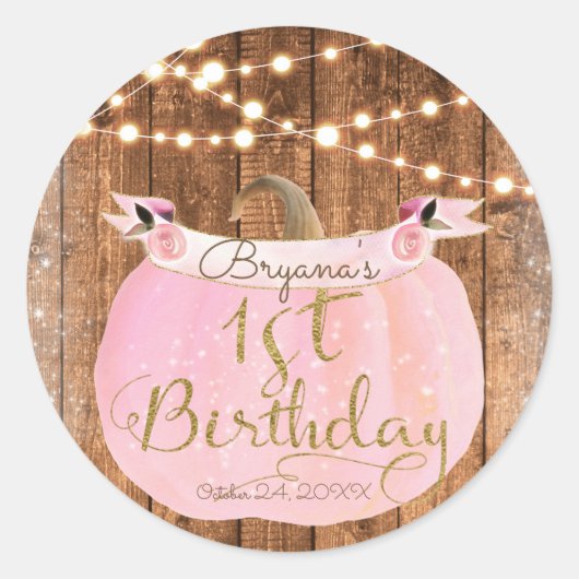 Roze Pompoen Herfst Rustieke Houten Lichten 1e Ver Ronde Sticker (Voorkant)