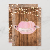 Roze Pompoen Herfst Rustieke Houten Lichtjes Bewaa Aankondigingskaart (Voorkant / Achterkant)