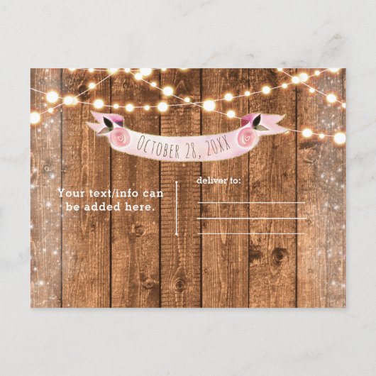 Roze Pompoen Herfst Rustieke Houten Lichtjes Bewaa Aankondigingskaart (Achterkant)