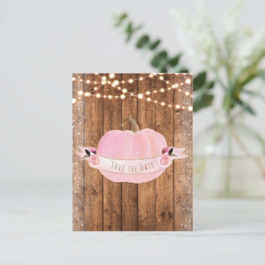 Roze Pompoen Herfst Rustieke Houten Lichtjes Bewaa Aankondigingskaart (Staand voorkant)