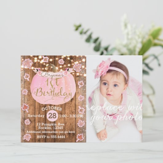 Roze pompoen Herfst rustieke lichten 1e verjaardag Kaart (Staand voorkant)