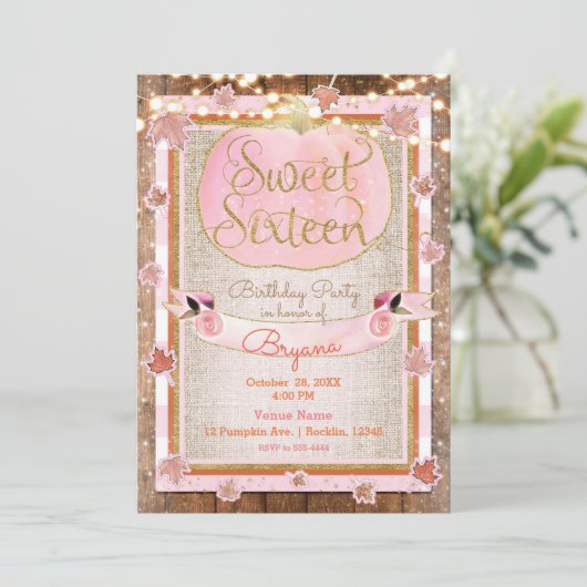 Roze pompoen herfst verlaat rustieke SWEET 16 Part Kaart (Staand voorkant)