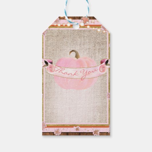 Roze pompoen & herfstbladeren rustiek Baby shower Cadeaulabel (Voorkant)