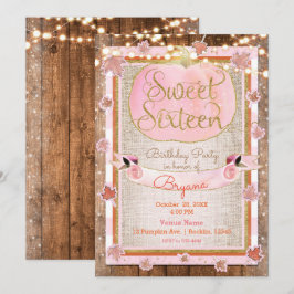 Roze Pompoen Herfstbladeren Rustieke SWEET 16 Fees Kaart