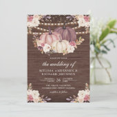 Roze Pompoen Ivoor Bloem Houten Bruiloft Kaart (Staand voorkant)