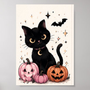 Roze Pompoen Maan Halsband Zwarte Kat Poster