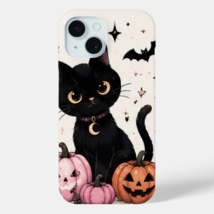 Roze Pompoen Maan Hanger Zwarte Kat iPhone 15 Case