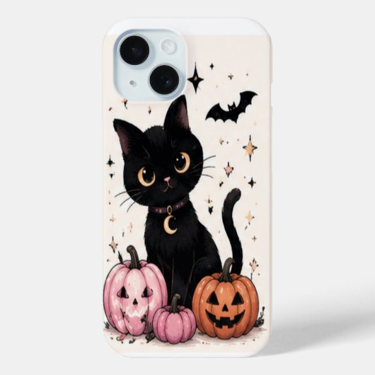 Roze Pompoen Maan Hanger Zwarte Kat Case-Mate iPhone Case (Achterkant)