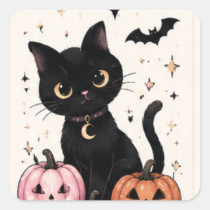 Roze Pompoen Maan Hanger Zwarte Kat Vierkante Sticker