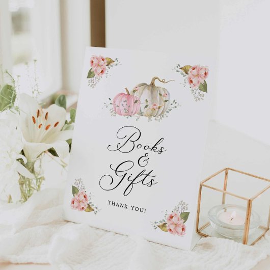 Roze Pompoen Meisje Baby shower Boeken en Geschenk Reclamebord Met Voetstuk