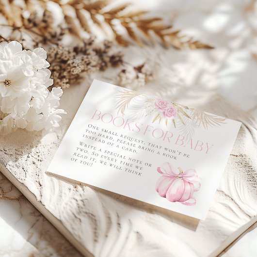 Roze Pompoen Meisje Bloemen Bow Baby shower Boek Informatiekaartje