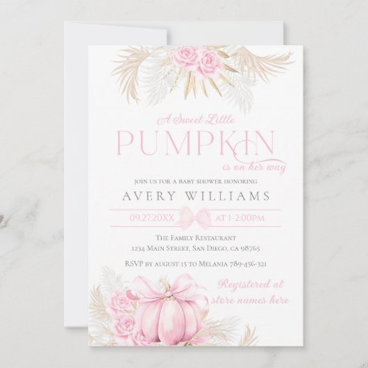 Roze Pompoen Meisje Bloemen Bow Baby shower Kaart (Voorkant)