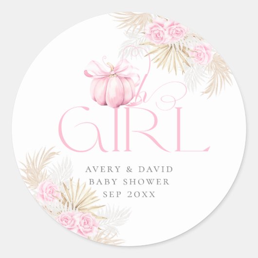 Roze Pompoen Meisje Bloemen Bow Baby shower Ronde Sticker (Voorkant)
