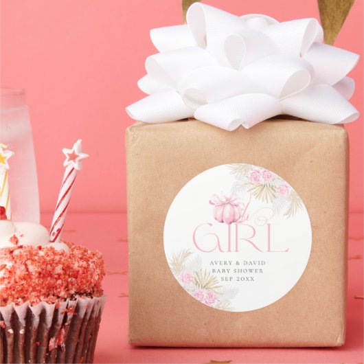 Roze Pompoen Meisje Bloemen Bow Baby shower Ronde Sticker (Feest)