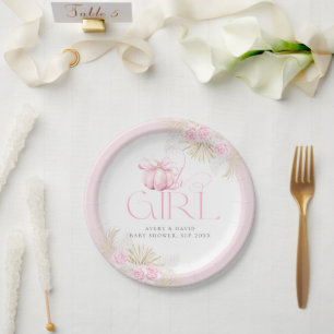 Roze Pompoen Meisje Bloemen Bow Baby shower Welkom Papieren Bordje