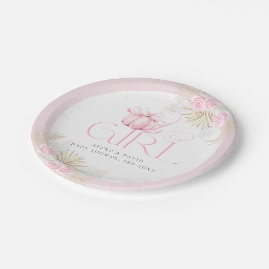 Roze Pompoen Meisje Bloemen Bow Baby shower Welkom Papieren Bordje (Gekanteld)