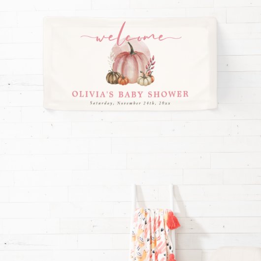 Roze pompoen op haar weg Meisje Baby shower Welkom Spandoek (Insitu)