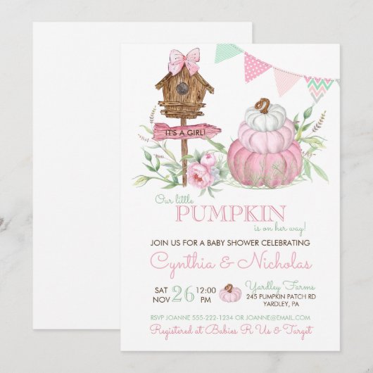 Roze Pompoen Patch Birdhouse Meisje Baby shower Kaart (Voorkant / Achterkant)