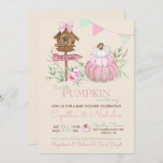 Roze Pompoen Patch Birdhouse Meisje Baby shower Kaart (Voorkant / Achterkant)