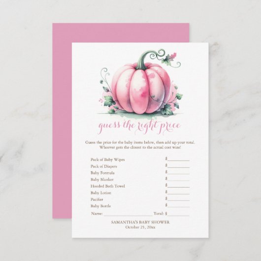 Roze Pompoen Raad de juiste prijs spel Kaart (Voorkant / Achterkant)