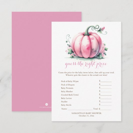 Roze Pompoen Raad de juiste prijs spel Kaart (Voorkant / Achterkant)