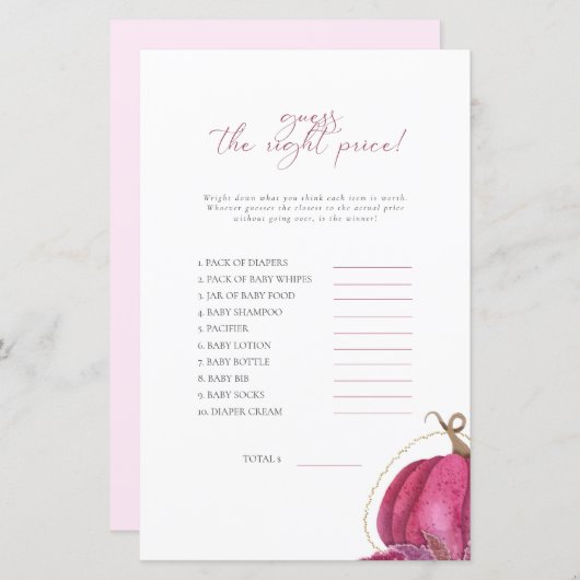 Roze pompoen raden het prijsspel Baby shower (Voorkant / Achterkant)