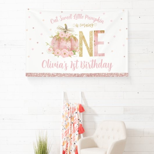 Roze Pompoen Roos Goud 1e Verjaardag Een Achtergro Spandoek (Insitu)