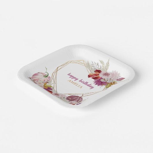 Roze pompoen rustieke bloemen gelukkige verjaardag papieren bordje (Gebogen)