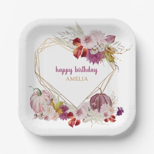 Roze pompoen rustieke bloemen gelukkige verjaardag papieren bordje (Voorkant)