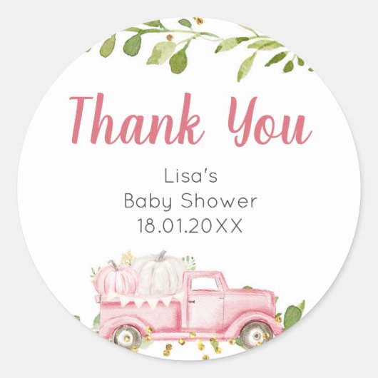 Roze Pompoen Truck Baby shower Dank u Sticker (Voorkant)