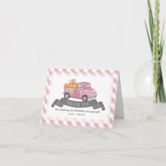 Roze Pompoen Truck Gingham Girl Verjaardag Bedankkaart (Voorkant)