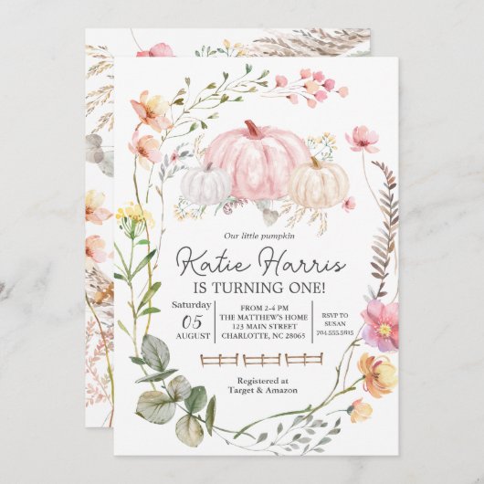 Roze Pompoen Verjaardag uitnodiging, Kaart (Voorkant / Achterkant)