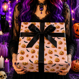 Roze Pompoen Vleermuizen Herfstbladeren Halloween  Cadeaupapier
