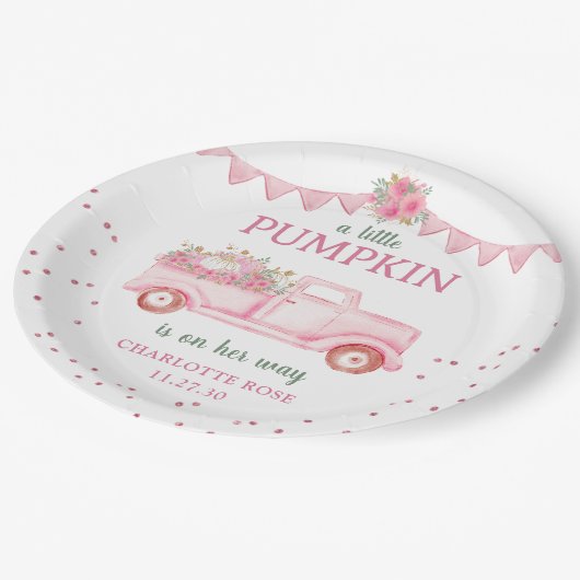 Roze Pompoen Vrachtwagen Baby shower Papier Bord (Gekanteld)